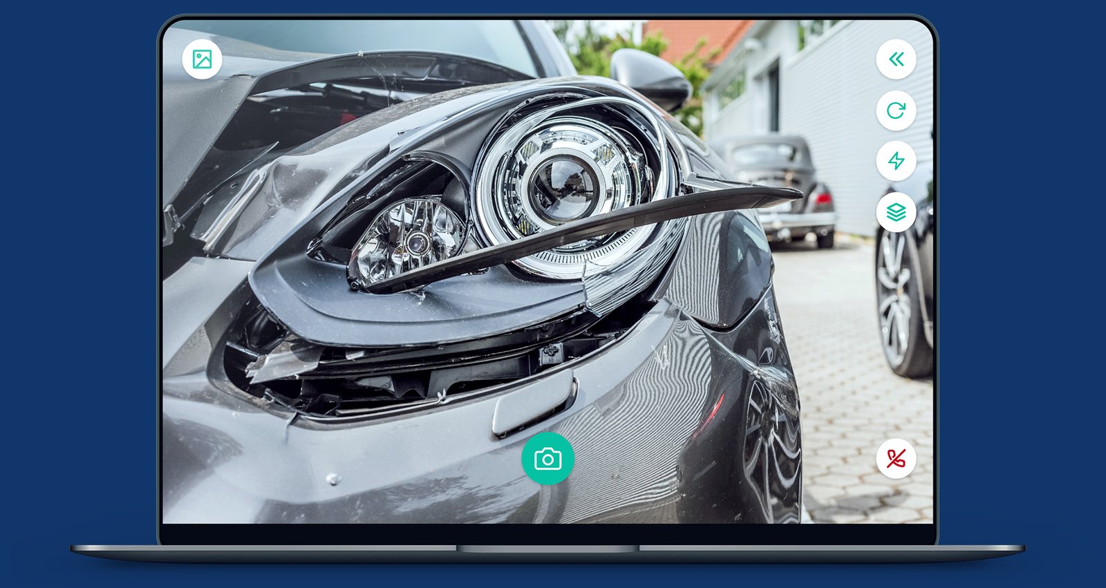 An Aestimo live call open on a laptop — a damaged headlight in close-up with capture, retake, flash, layers, and mute controls on the side